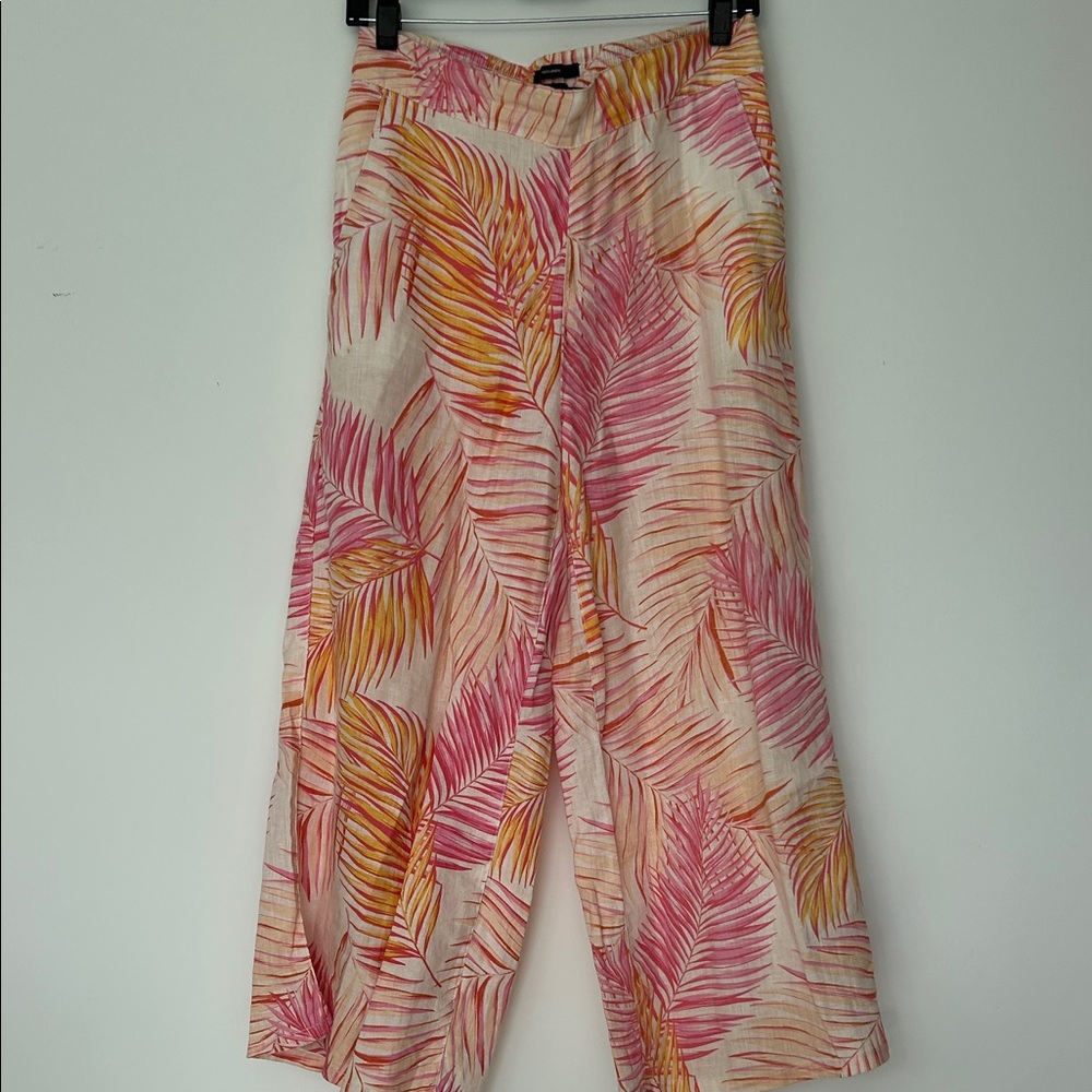 Tahari Pink and Orange Leaf Print Linen Pants